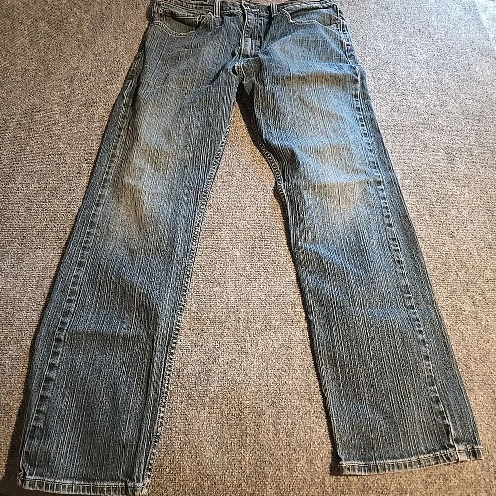 Levi 505 Denim Jeans Mens 36x32 Blue Straight Leg 5 Pocket Railroad Fade Whisker